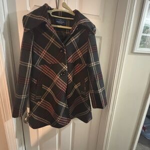 Women's Plaid Coat - Grey and Burgundy